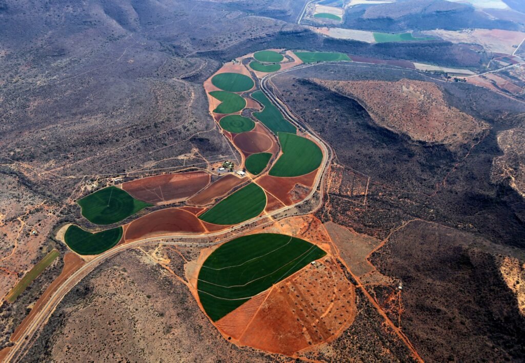 Aerial shot of South African farmlands.