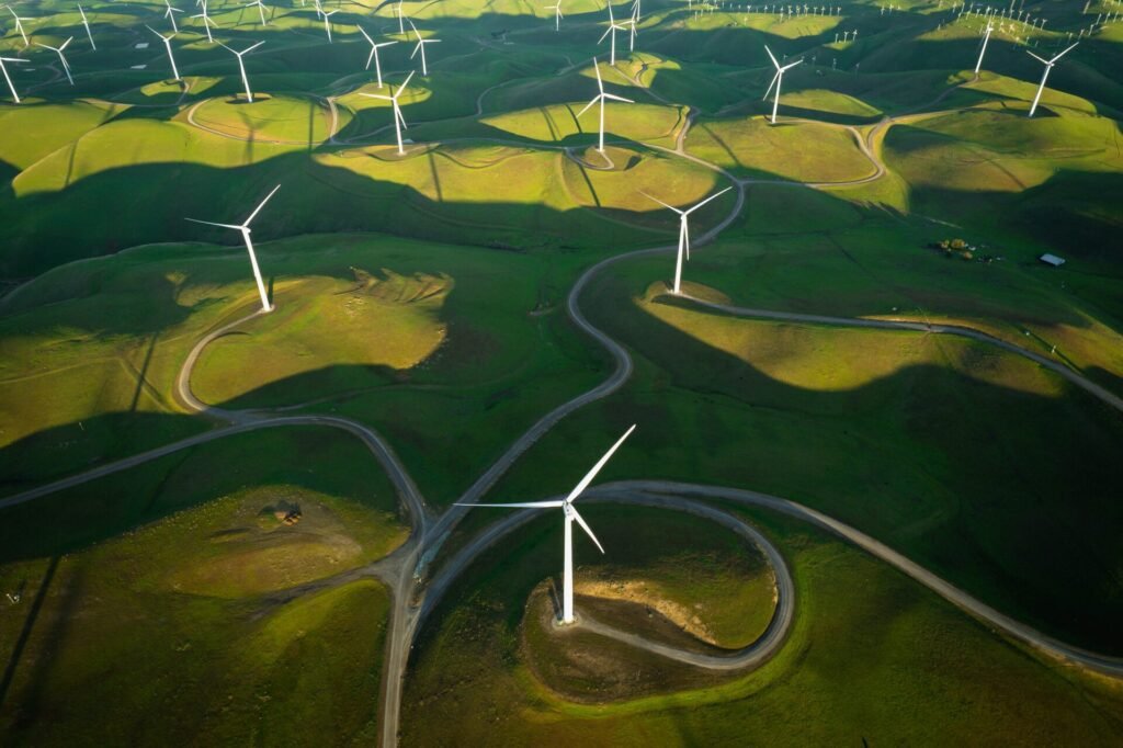 An aerial shot of a wind farm