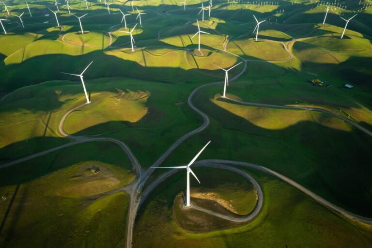 An aerial shot of a wind farm