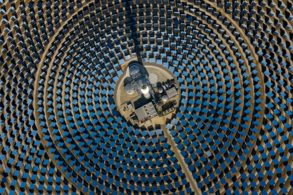 Concentric circles of solar panels on a solar panel farm