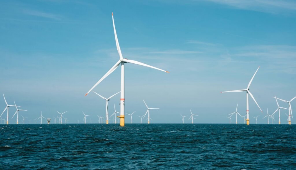 Green energy wind turbines in the ocean