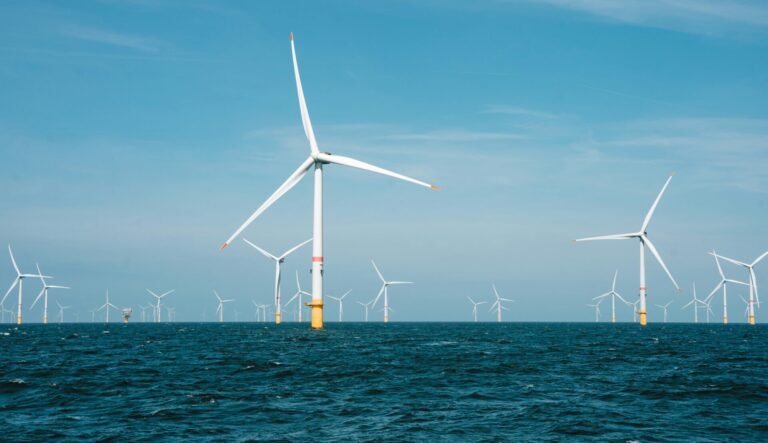 Green energy wind turbines in the ocean